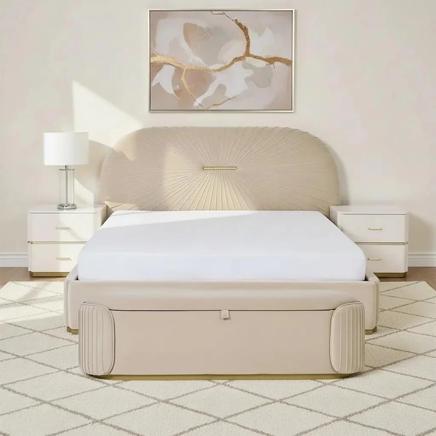 Lilia King-Sized Bed With  2 Dual Drawers Nightstands and Seating Bench, Beige