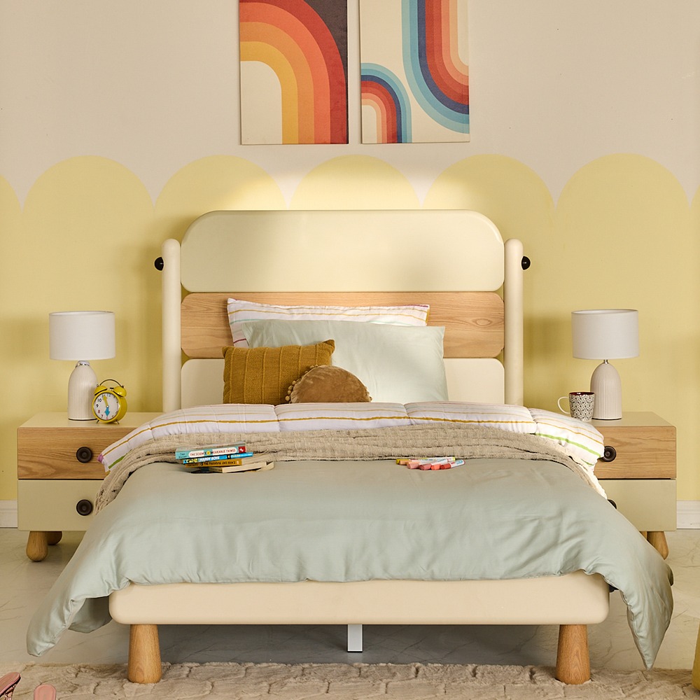 Desiree Double-Sized Bed with 2 Nightstands, White & Natural