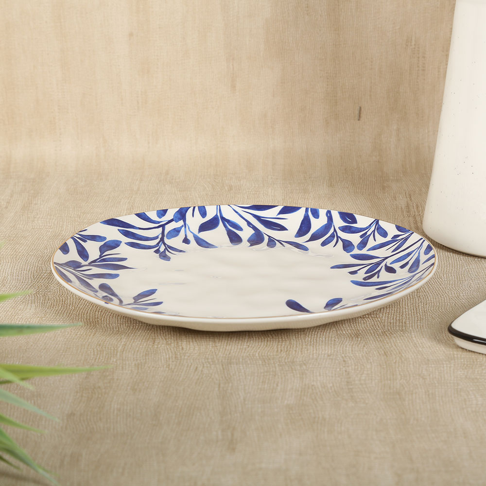 Elegance Leaf Dinner Plate, White & Blue – 26 cms