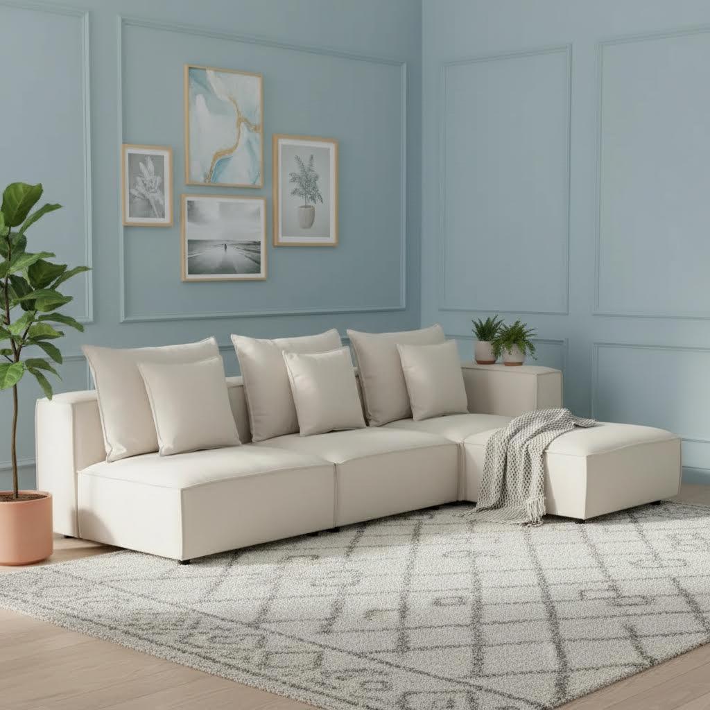 Cara Three-Seater Modular Sofa with Ottoman, Beige