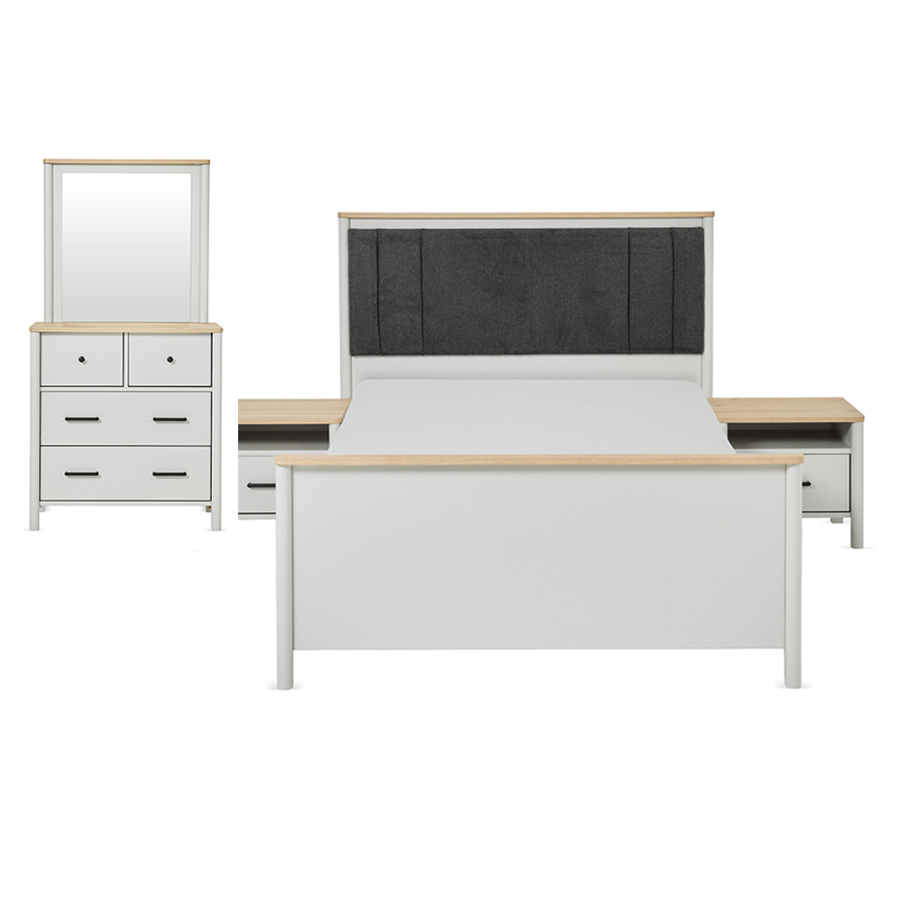 Frost Double Sized Bed, Two Nightstands & Dresser with Dresser's Mirror, Grey