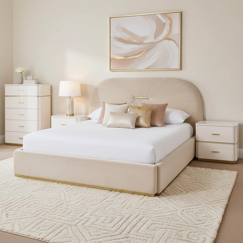 Lilia King-Sized Bed With 2 Dual Drawers Nightstands and Chest of 5 Drawer, Beige