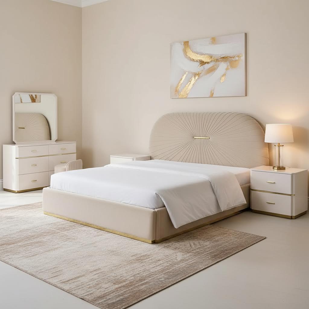 Lilia King-Sized Bed with 2 Dual Drawers Nightstands, Dresser With Mirror and Seating Pouffe, Beige