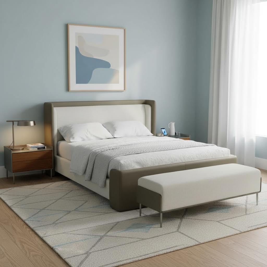 Yanson Super King Bed & Bench with 2-Drawer Nightstand, Beige