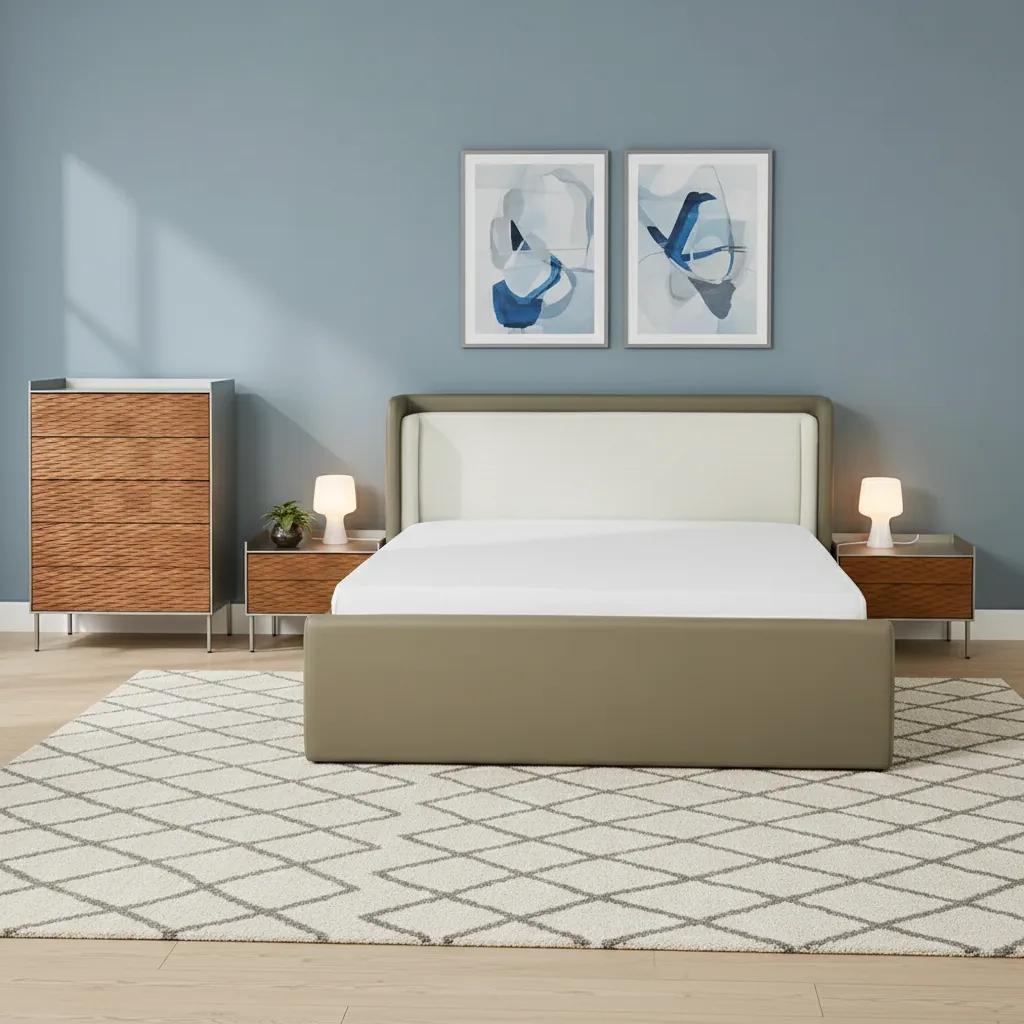 Yanson Super King Sized Bed & Chest of 5-Drawer with 2-Drawer Nightstand, Grey