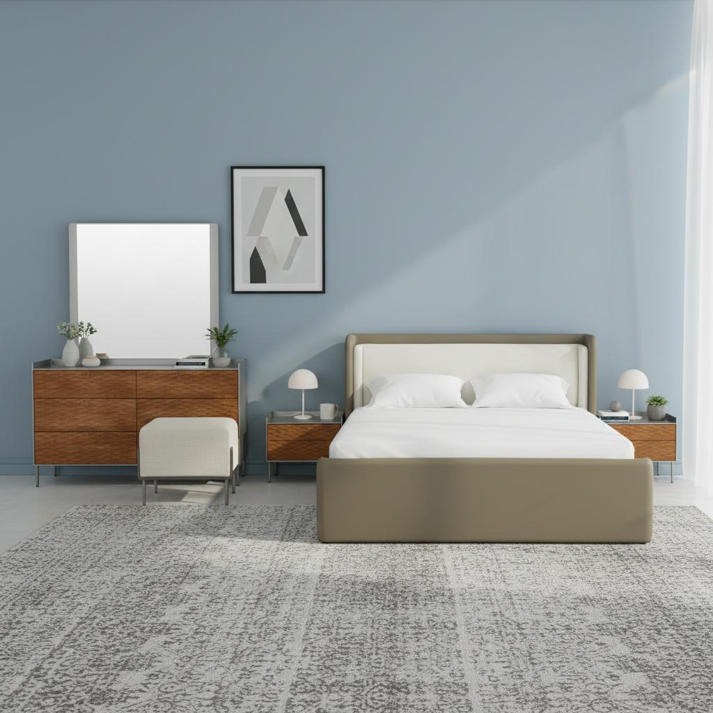 Yanson Super King Sized Bed & 2-Drawer Nightstand, Dresser with Accent Stool, Walnut